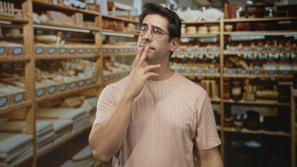 Fototapeta premium Man with glasses touching chin and fingers to mouth in pottery shop building; thoughtful decision making.