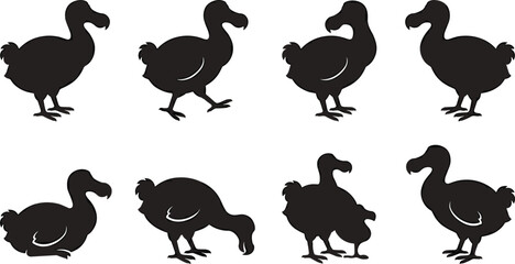 Dodo bird silhouette vector illustration collection with standing, walking, sitting and feeding poses, black extinct animal icons isolated on light background © MstKhyrun