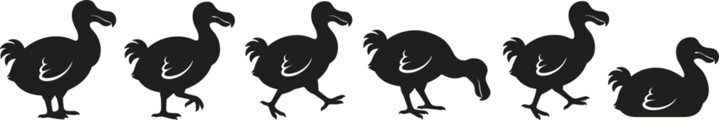Dodo bird silhouette vector illustration set with standing, walking and sitting poses, black extinct animal icons isolated on light background © MstKhyrun