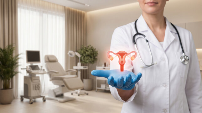 Physician showing uterus illustration, visualizing reproductive system for healthcare guidance.