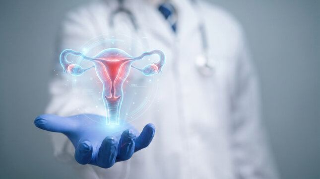 Female healthcare concept, doctor presenting reproductive system model in clinic setting.