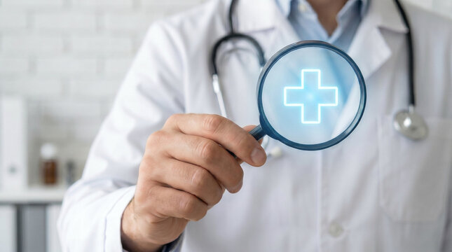 Doctor holding magnifying glass over medical cross, healthcare, hospital, professional medical consultation, health services concept.