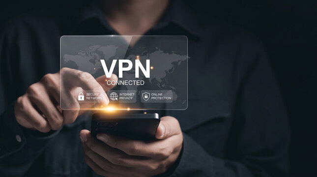 Secure browsing concept with VPN connected interface, smartphone, lock icon, and global cyber network