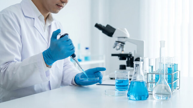 Researcher using pipette and petri dish, medical and scientific concept.