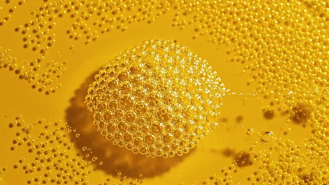 micro bubbles clustering and separating inside yellow fluid