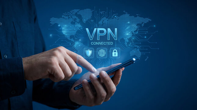 Cybersecurity VPN concept with man using smartphone and virtual shield for encrypted data protection