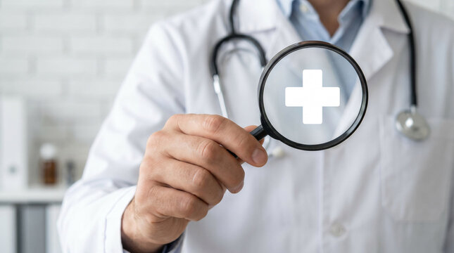 Doctor holding magnifying glass with medical cross icon, healthcare concept, hospital, professional medical service, health monitoring.