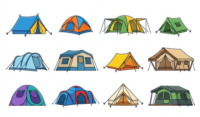 Camping tent icons vector grid with colorful outdoor shelter designs collection © MDSAKIB