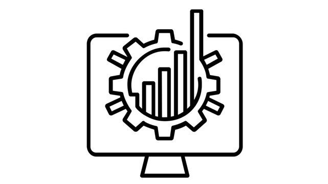 Algorithmic trading vector icon featuring a computer screen with automated trading commands, a gear mechanism, and a rising bar chart, symbolizing financial technology and market analysis.