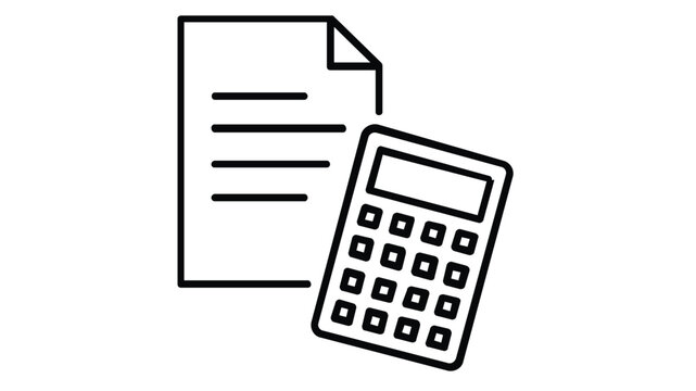 Budget planning vector icon illustration featuring a document and a calculator in a clean minimalist line art style, perfect for financial accounting, tax reports, and business management.