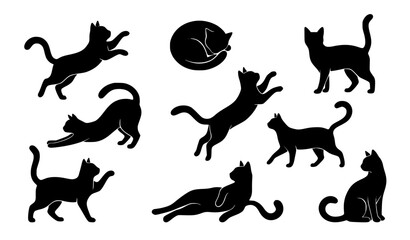 Black cat silhouettes vector collection with multiple poses clean feline shapes set © MDSAKIB