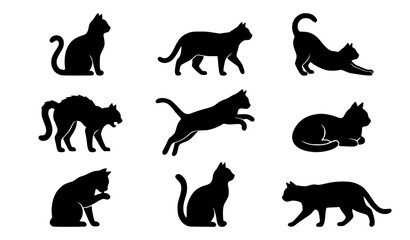 Nine black cat silhouettes vector with playful poses decorative feline collection © MDSAKIB