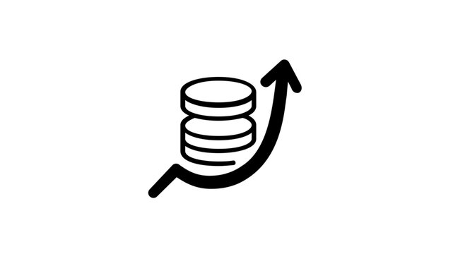 Vector illustration of a minimalist line art icon representing inflation and financial growth, featuring a stack of coins with an upward curving arrow on a white background for business use.
