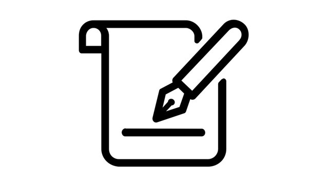 Loan agreement vector icon featuring a scrolled legal document with a signature line and a fountain pen, minimalist line art illustration for business, finance, and legal contract concepts.