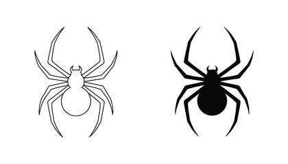 Scary spider insect icon set featuring a realistic arachnid in outline and solid black silhouette styles for Halloween and nature-themed branding © Purely