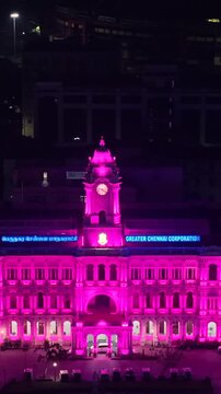 Vertical Aerial Night View of Ripon Building Illuminated Chennai India