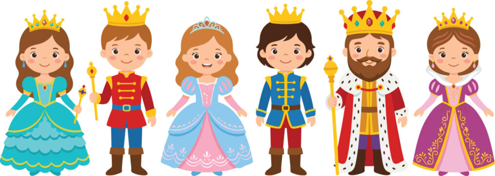 Royal Family Characters Vector Set with King Queen Prince and Princess in Medieval Costume Isolated on White Background Fairytale Illustration