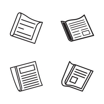 Four black and white newspaper icons with different page layouts  various reading materials  newspapers with lines and rectangles