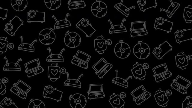 seamless dark mode technology pattern, white line drawings of gadgets. Laptops, cameras, routers, tablets, and wireless devices. Simple, trendy style for digital or tech themes