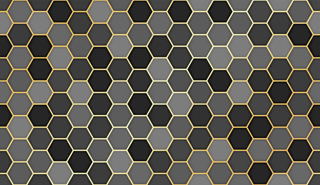 Hexagonal seamless black and gold tiles texture. Hexagon kitchen tile pattern. Ceramic grey and golden tiles pattern. Vector illustration