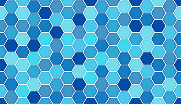 Hexagonal seamless blue and white tiles texture. Hexagon pool tile pattern. Ceramic cyan and white tiles pattern. Vector illustration