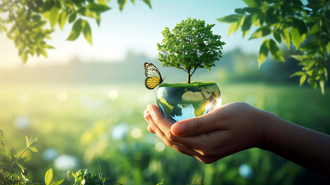 Harmony in Hands: A pair of hands tenderly cradles a miniature Earth, a burgeoning tree of life growing upon its surface, and a delicate butterfly.