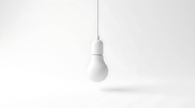 White light bulb suspended in a bright monochromatic studio space. This clean shot features soft shadows and a matte texture. Ideal for minimalist conceptual branding projects.