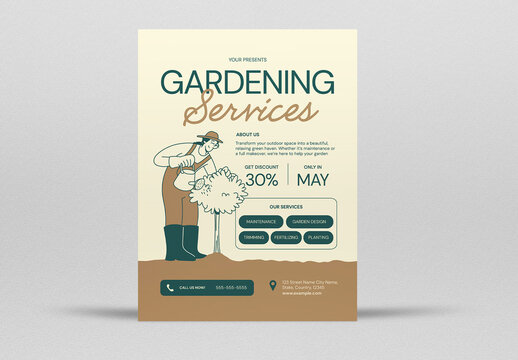 Green and Brown Quirky Gardening Services Flyer Layout