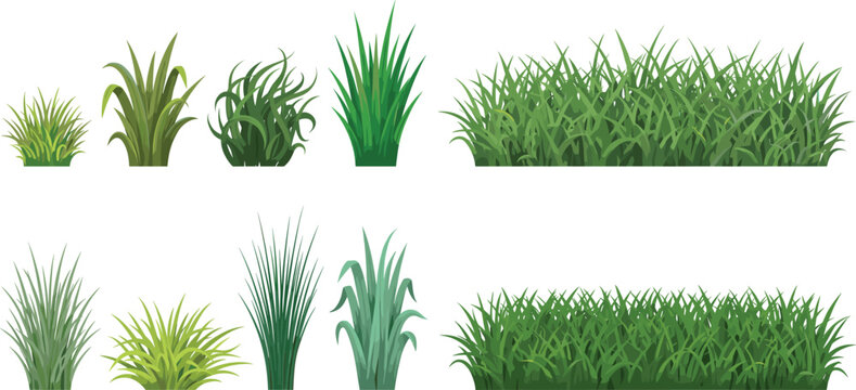 Realistic green grass and plant collection with dense lawn patches for landscaping garden design vector illustration set