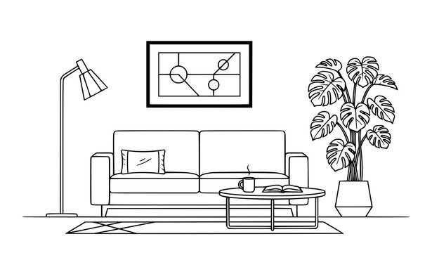 Black and white interior decor vector illustration modern living room furniture line art isolated on white