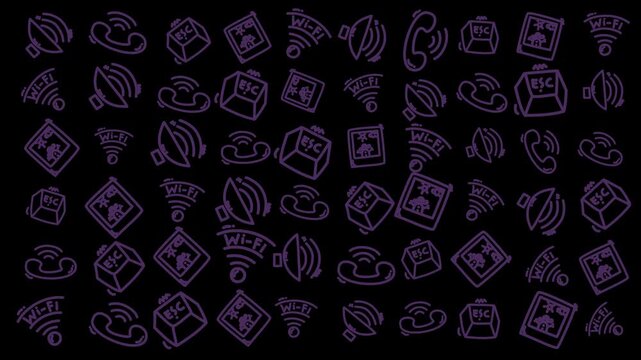 Purple icons float against a dark background or seamless dark mode technology pattern . Wireless signals, routers, and gadgets appear scattered. Icons glow softly, suggesting digital connectivity