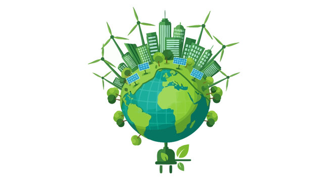 Sustainable Green City on Earth with Wind Turbines and Solar Panels
