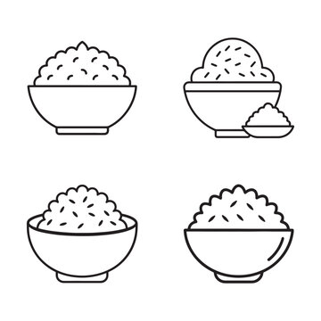 Four bowls of rice servings in various fullness levels and presentation styles isolated on white background