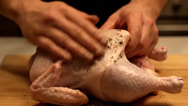 Chef Seasoning a Whole Raw Chicken on a Wooden Board