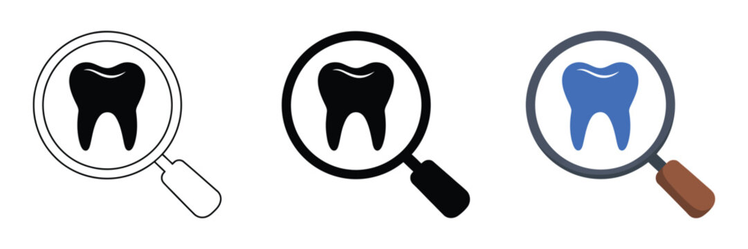 Magnifying glass icons with tooth symbols set for dental search, diagnosis, and oral care vector illustration.