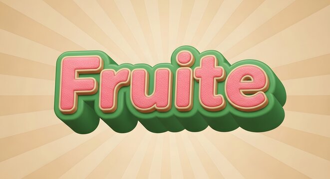 3d text effect with the word fruite in a playful pink and green style on a sunburst background