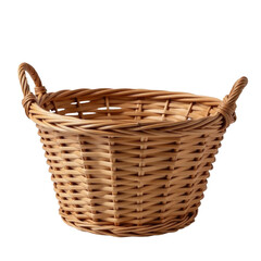 Fototapeta premium A wicker basket with handles on a white background, ideal for use in still life or food photography