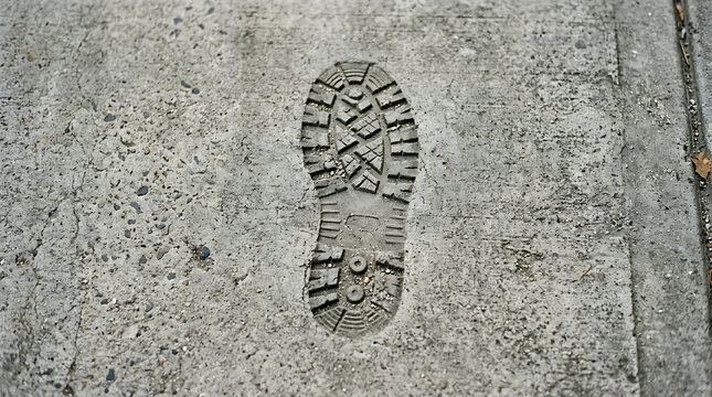 Distinct boot print embedded on a textured concrete surface, showing intricate sole pattern and texture