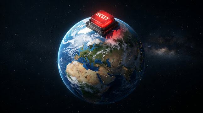 Global reset button poised above planet earth, concept of resetting the world