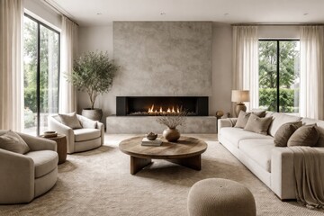 Obraz premium Spacious living room design highlighting a concrete fireplace and neutral color palette