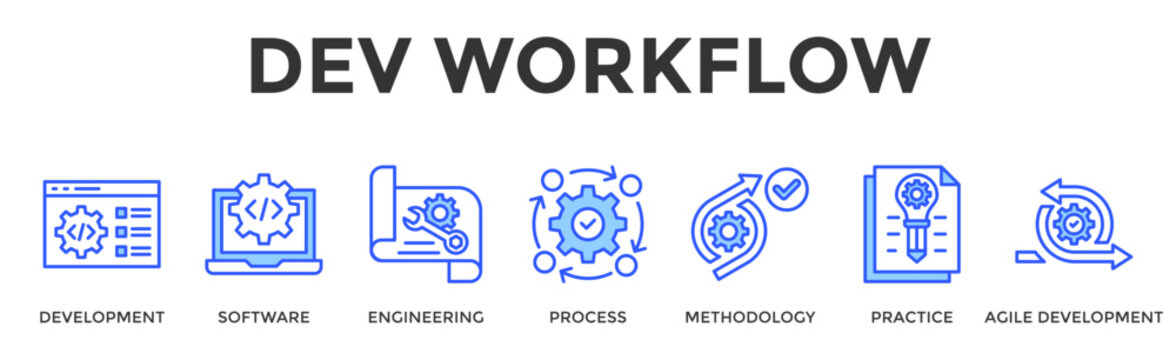 Dev Workflow  Banner Web  Icon Set Collection Pack Vector Illustration Concept Containing Development, Software, Engineering, Process, Methodology, Practice, Agile Development
