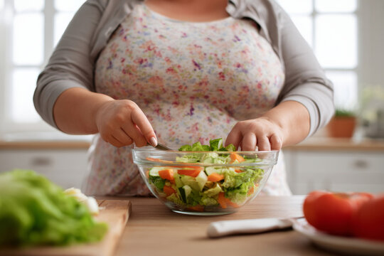 Medium close-up of a plus-size adult preparing a healthy vegetable salad on a kitchen counter, balanced nutrition concept for world obesity day, bright natural daylight