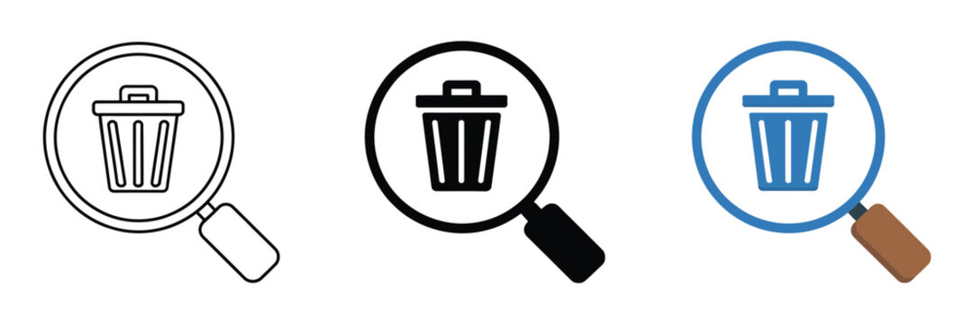 Magnifying glass icons with trash can symbols set for delete search, file inspection, and cleanup vector illustration