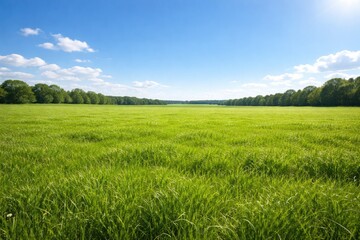 Obraz premium Peaceful green grass expanse with open blue sky on summer day