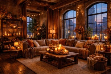 Fototapeta premium Inviting loft living area styled with autumnal decorations and natural candle arrangements