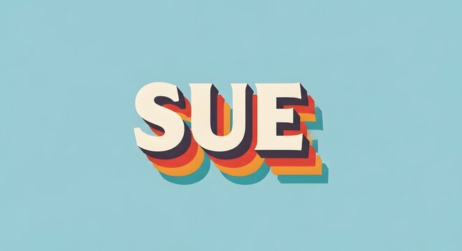 Retro 3d typography of the name sue with colorful layered drop shadow effect on a light blue background