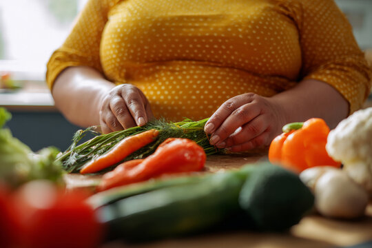 Close-up of a plus-size woman examining fresh vegetables while planning a healthy meal, nutrition awareness concept for world obesity day, soft natural lighting