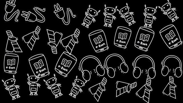 seamless dark mode technology pattern background. Charming robots and tech gadgets drawn in simple style. Headphones, books, plugs, and fun robot characters appear. Ideal for educational, tech
