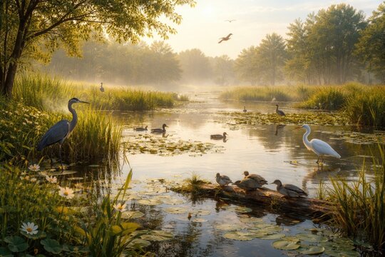 Peaceful freshwater marsh teeming with wildlife