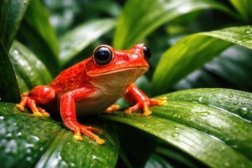 Obraz premium Vibrant Red Frog Exploring Thick Green Leaves